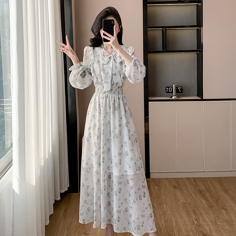 Korean style puff sleeve dress France style V-neck long dress