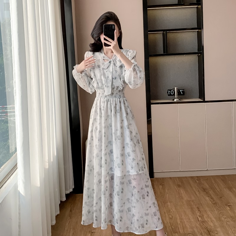 Korean style puff sleeve dress France style V-neck long dress