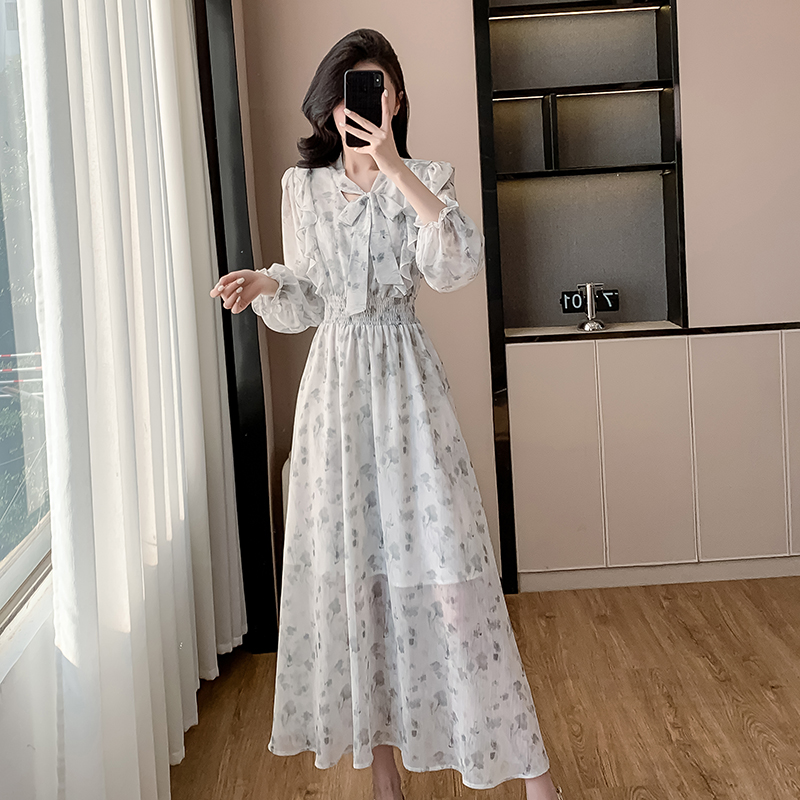 Korean style puff sleeve dress France style V-neck long dress