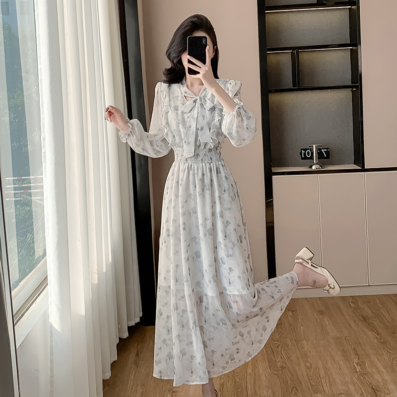 Korean style puff sleeve dress France style V-neck long dress