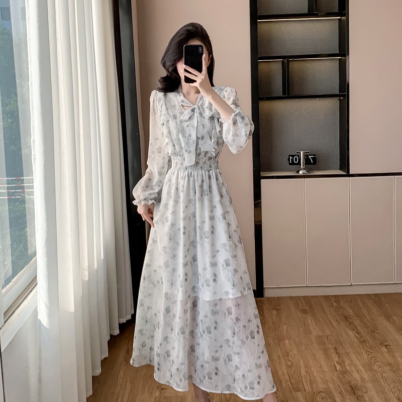 Korean style puff sleeve dress France style V-neck long dress