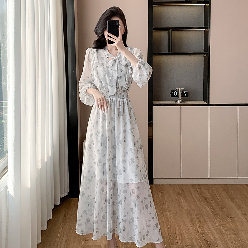 Korean style puff sleeve dress France style V-neck long dress