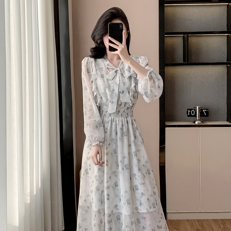 Korean style puff sleeve dress France style V-neck long dress