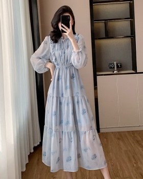 Rose Korean style long dress elastic waist wood ear dress