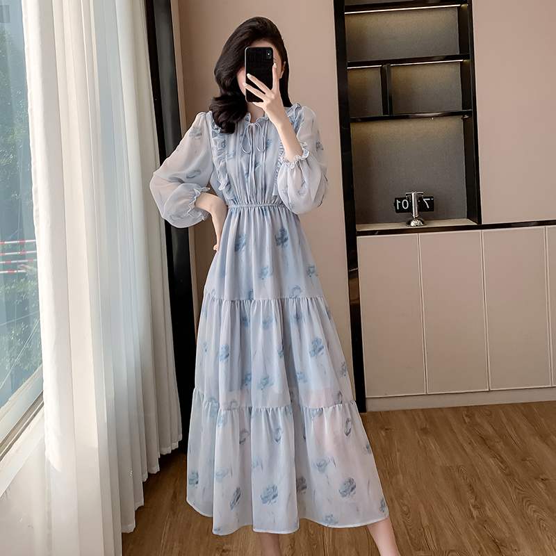 Rose Korean style long dress elastic waist wood ear dress