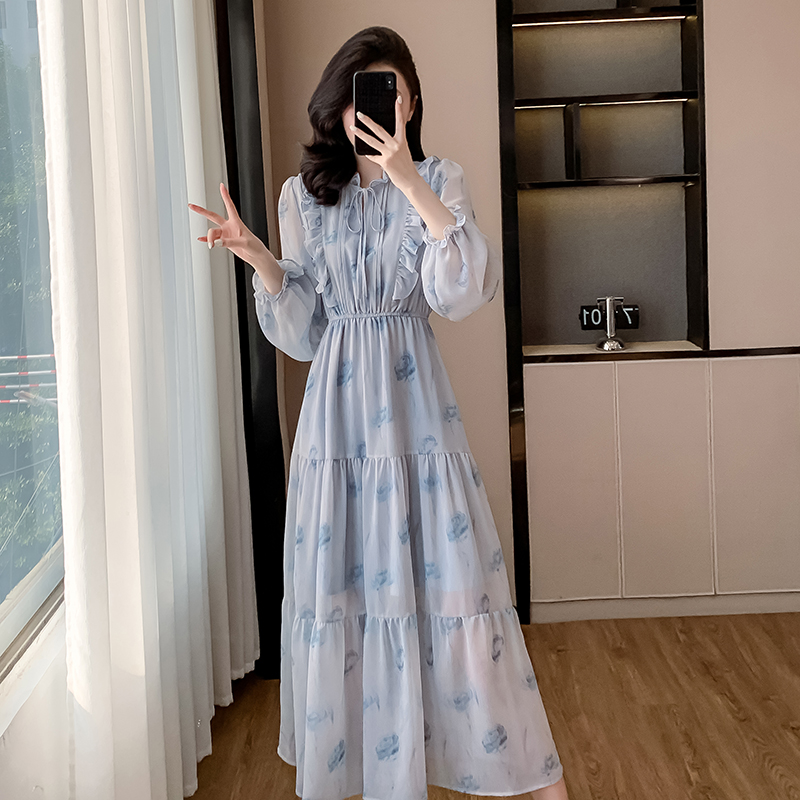 Rose Korean style long dress elastic waist wood ear dress