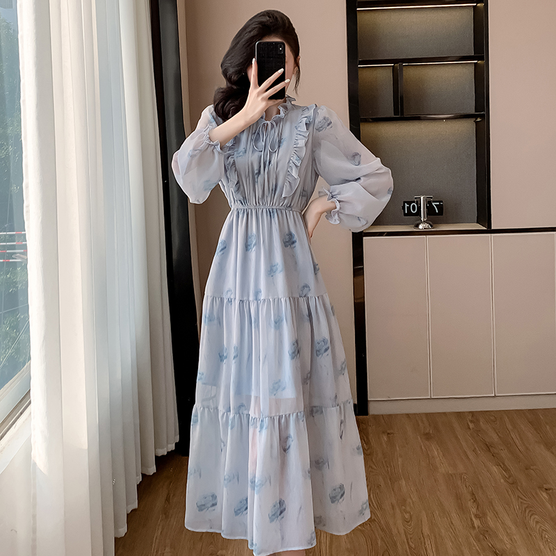 Rose Korean style long dress elastic waist wood ear dress