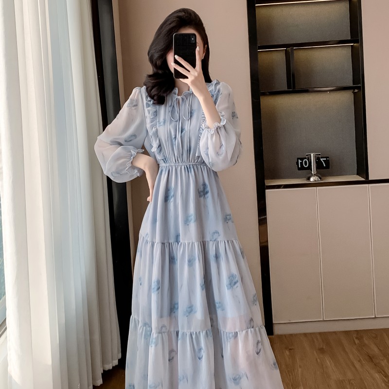 Rose Korean style long dress elastic waist wood ear dress