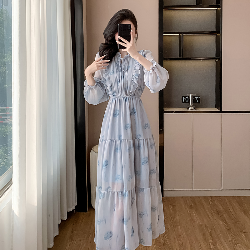 Rose Korean style long dress elastic waist wood ear dress