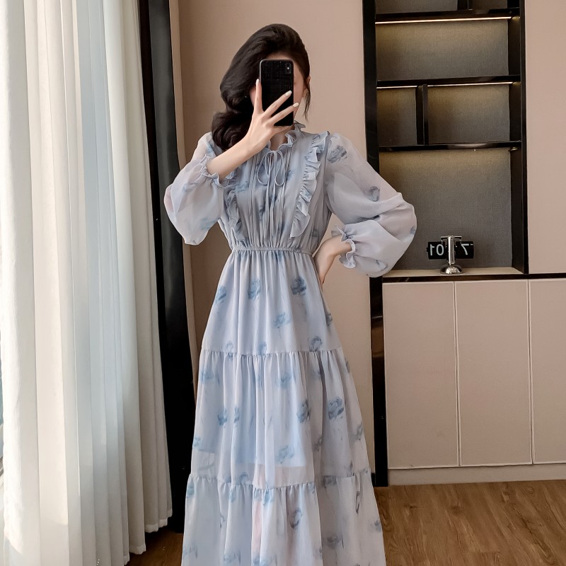 Rose Korean style long dress elastic waist wood ear dress