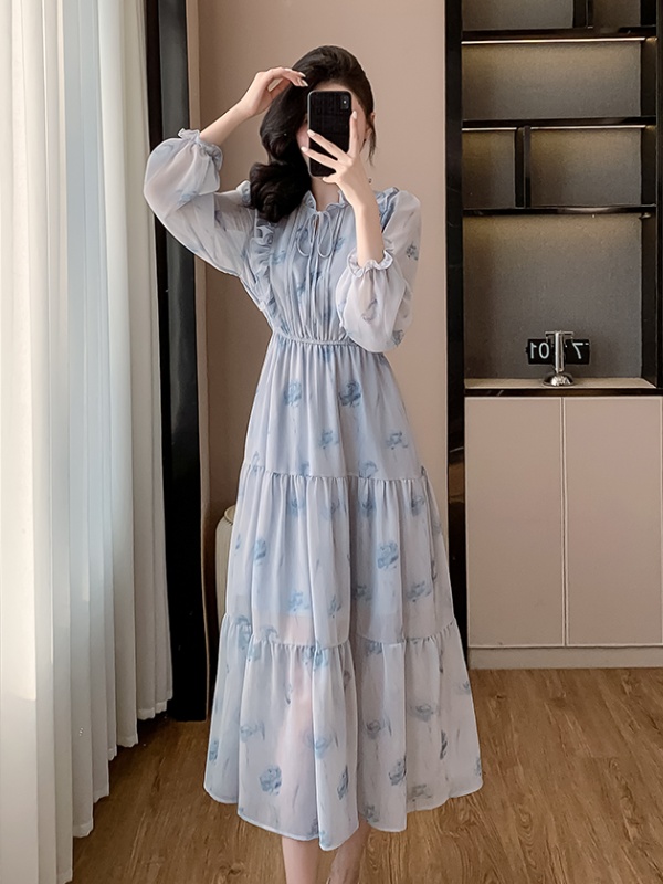 Rose Korean style long dress elastic waist wood ear dress