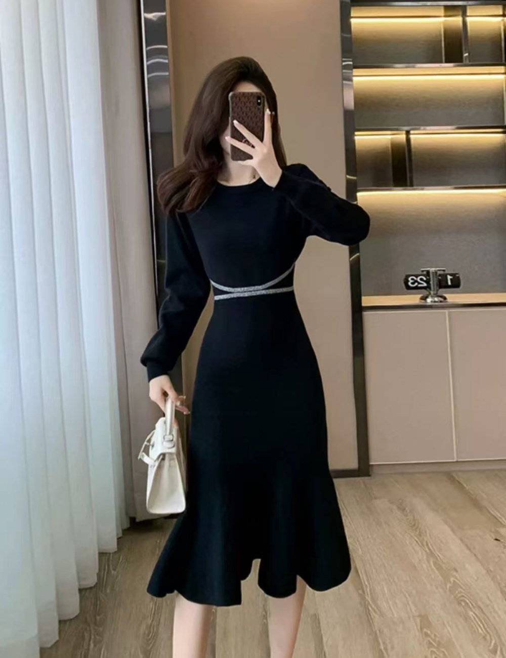 Round neck Hepburn style dress exceed knee sweater