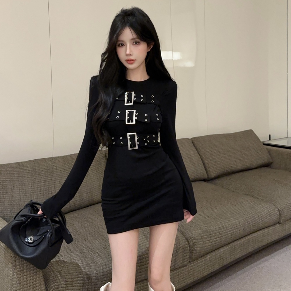 Package hip fashion black long sleeve slim dress