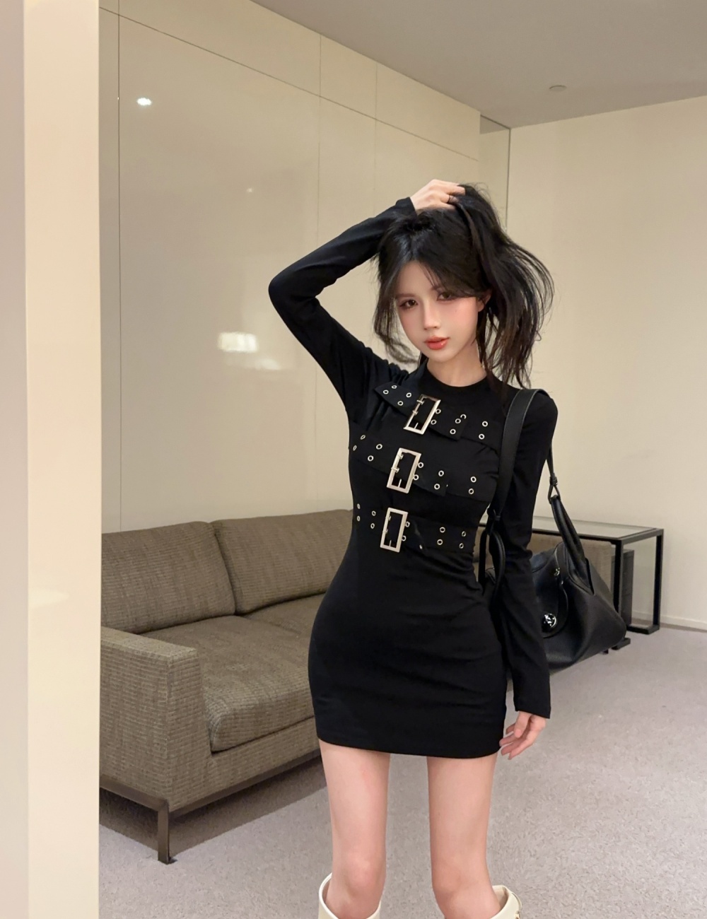 Package hip fashion black long sleeve slim dress