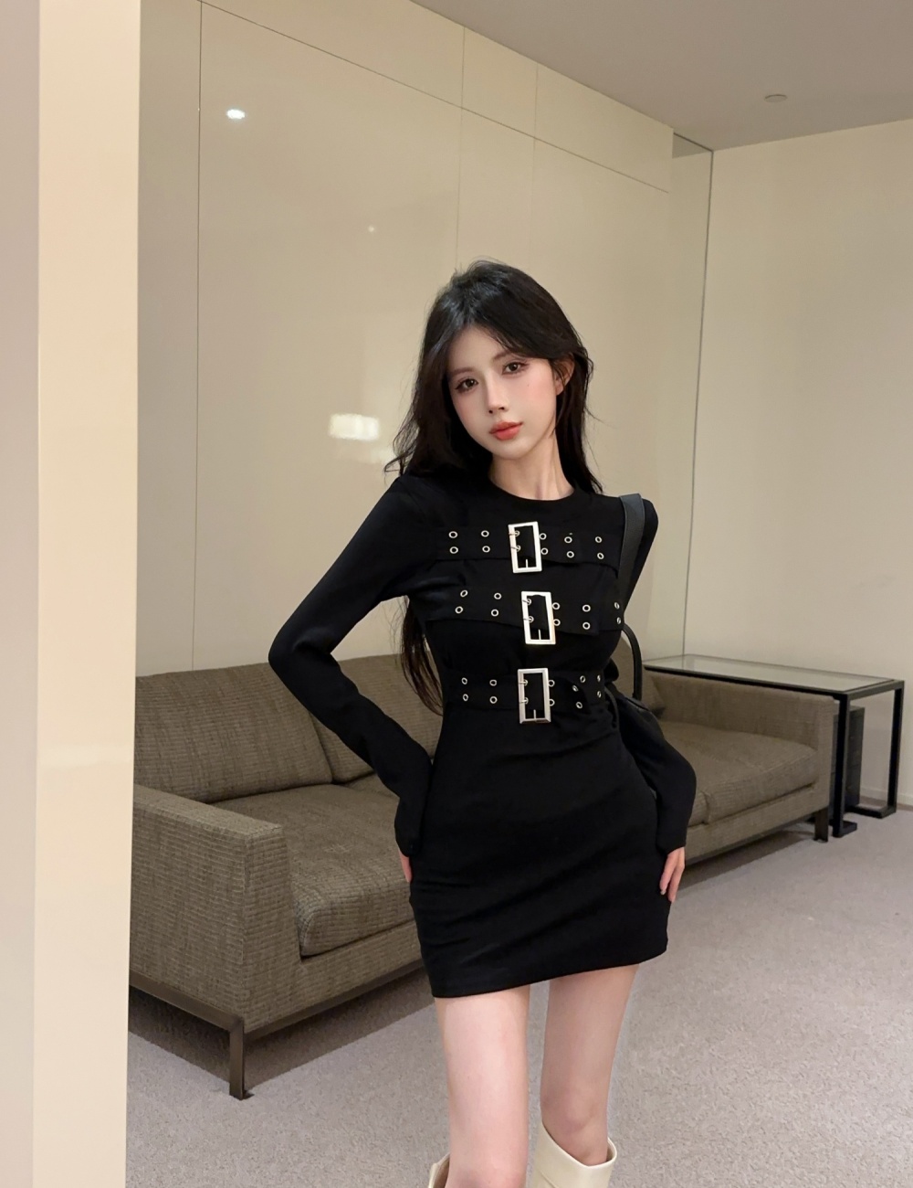 Package hip fashion black long sleeve slim dress