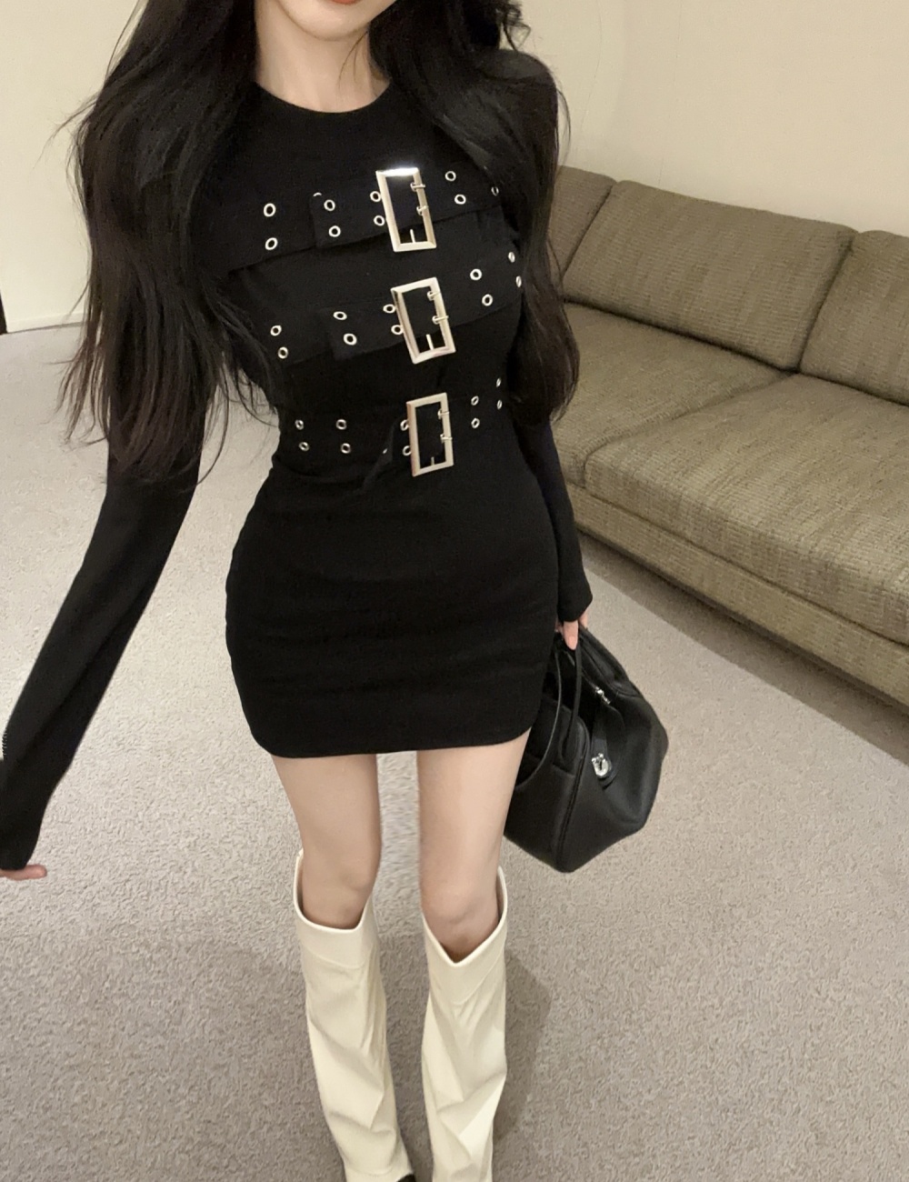 Package hip fashion black long sleeve slim dress