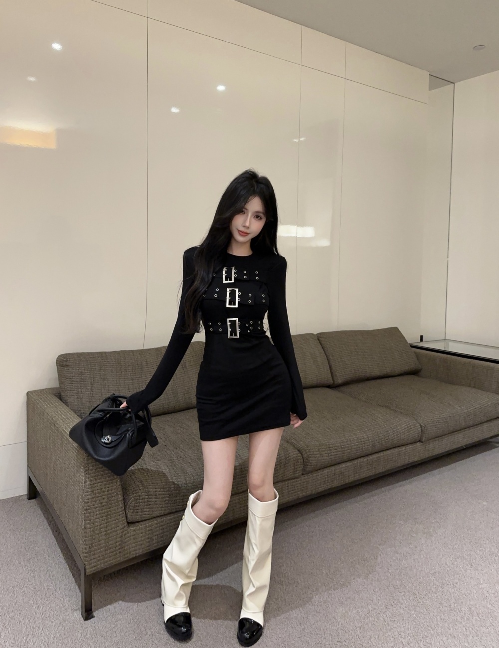 Package hip fashion black long sleeve slim dress