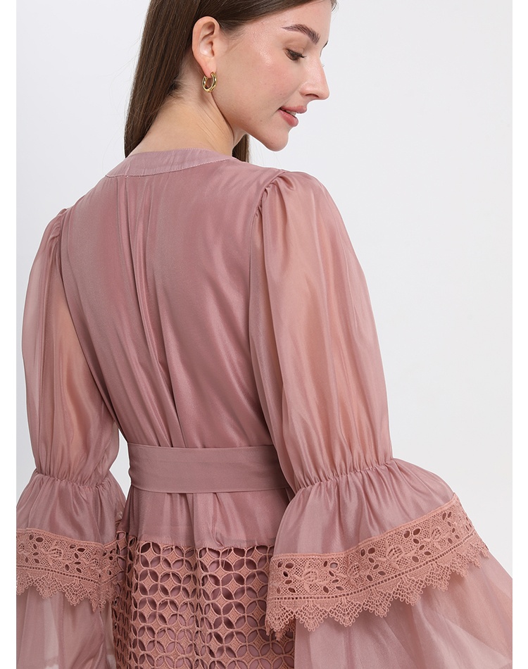 Trumpet sleeves lace court style wood ear jumpsuit