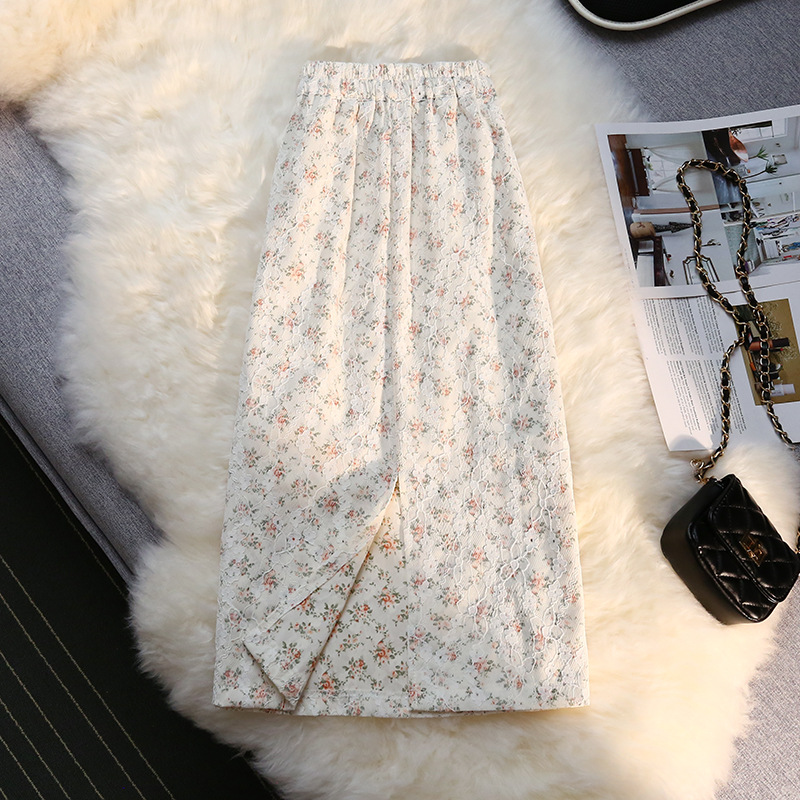 A-line slim high waist skirt retro floral long dress for women