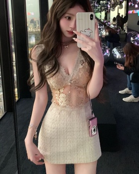 Splice embroidered V-neck sexy lace dress