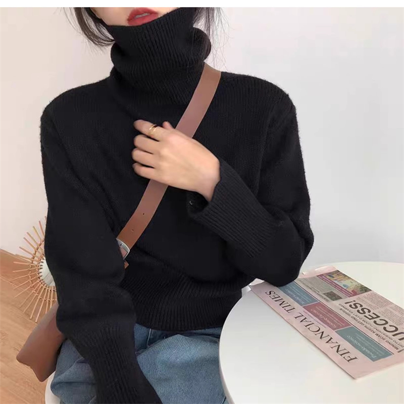 High collar pinched waist loose short sweater for women