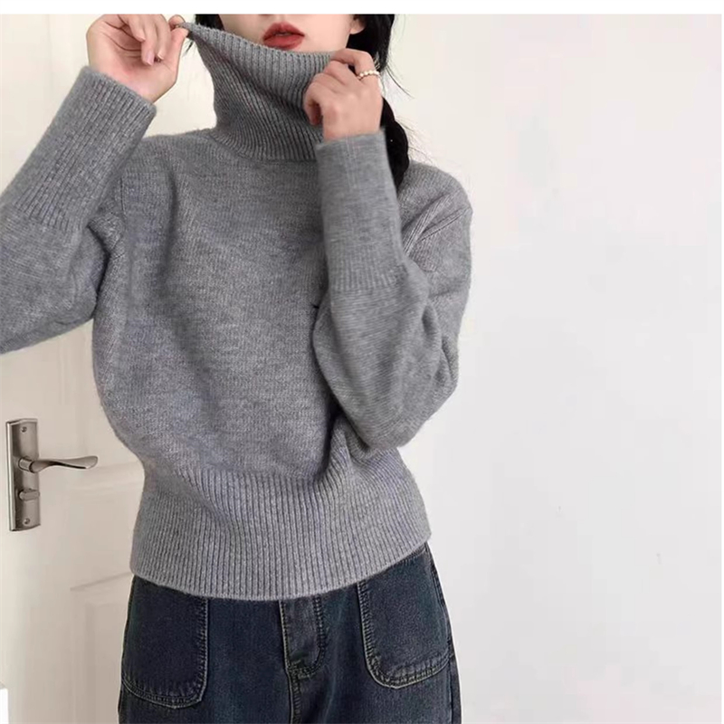 High collar pinched waist loose short sweater for women