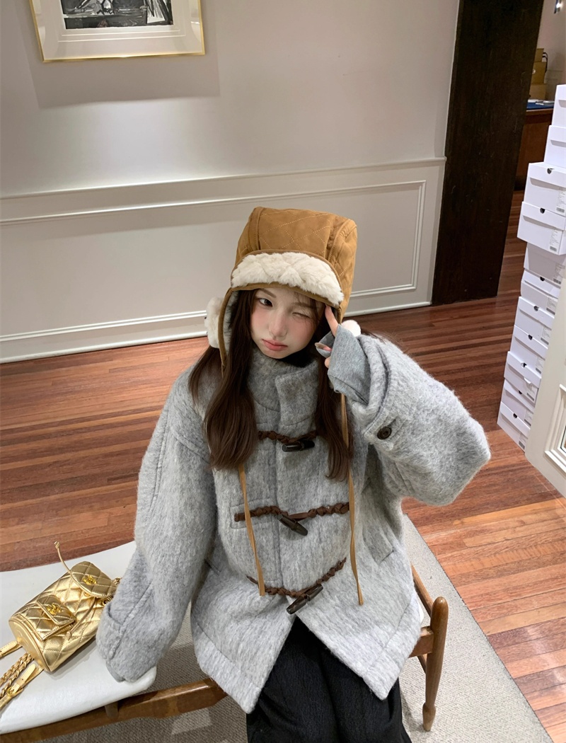 Classic cstand collar coat wool horn buckle overcoat for women