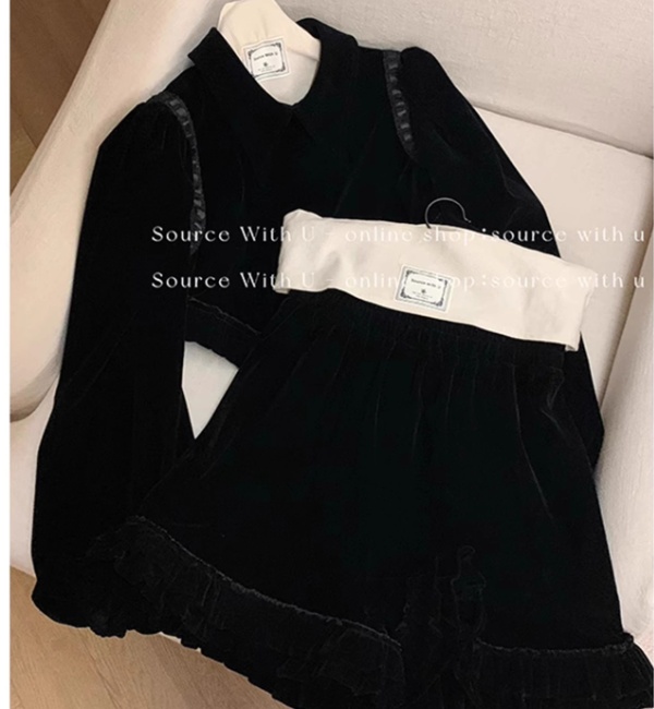 France style velvet tops timing lace shorts 2pcs set