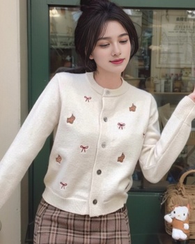 Knitted sweet cardigan embroidery bow coat for women