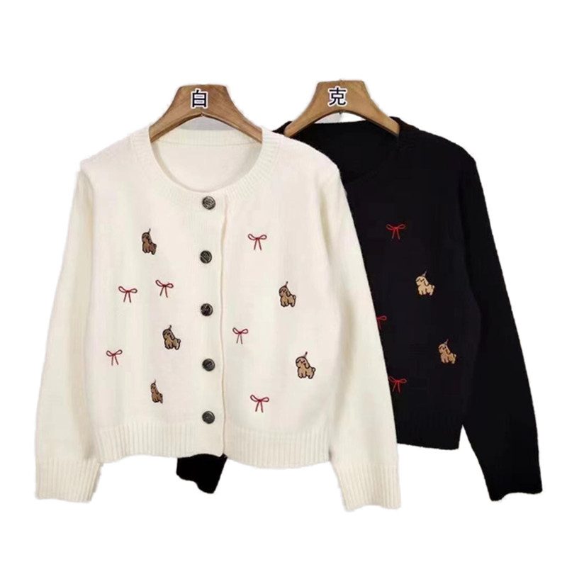 Knitted sweet cardigan embroidery bow coat for women