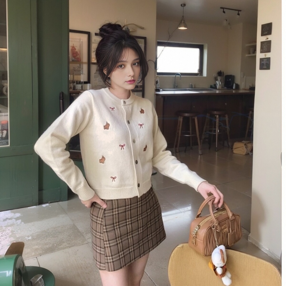 Knitted sweet cardigan embroidery bow coat for women