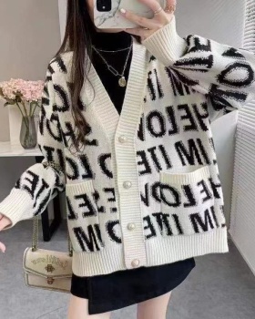 Letters Korean style knitted cardigan loose slim tender coat