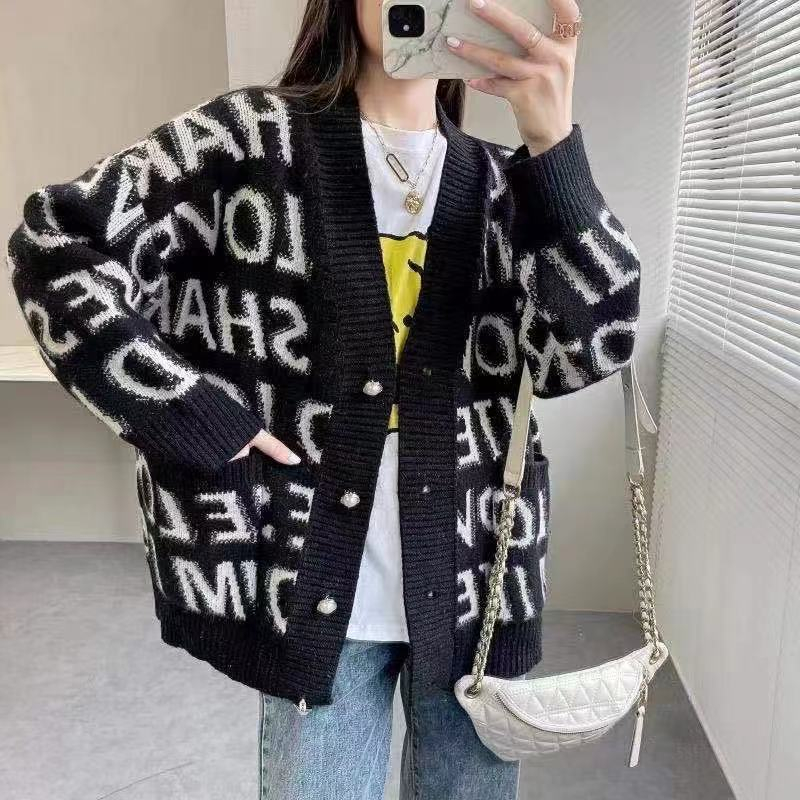 Letters Korean style knitted cardigan loose slim tender coat