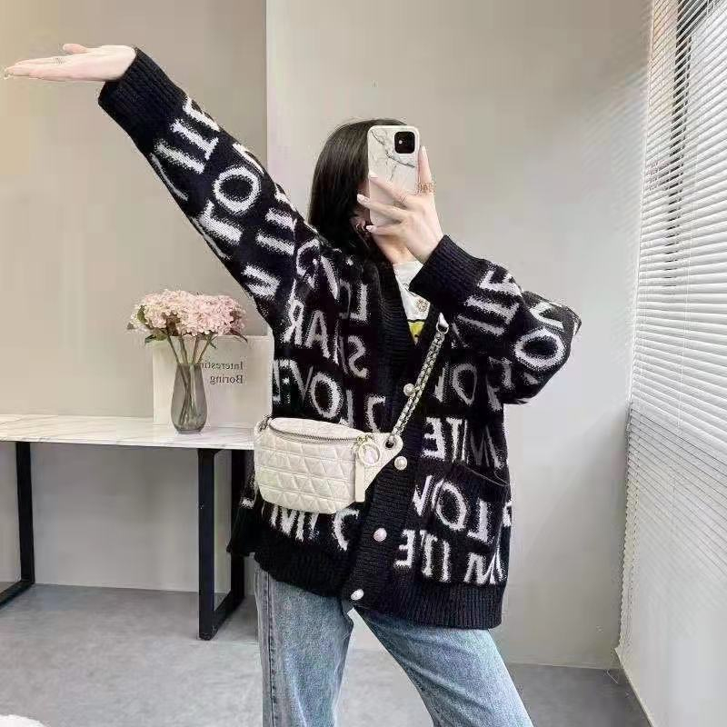 Letters Korean style knitted cardigan loose slim tender coat