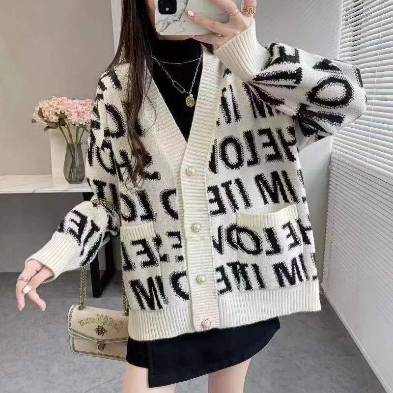 Letters Korean style knitted cardigan loose slim tender coat