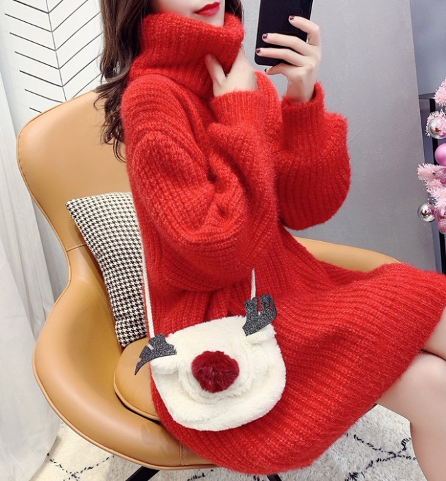 Thick loose long sleeve flannel high collar sweater