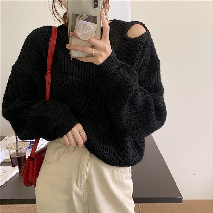 Hollow long sleeve strapless sweater for women