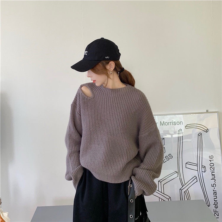 Hollow long sleeve strapless sweater for women