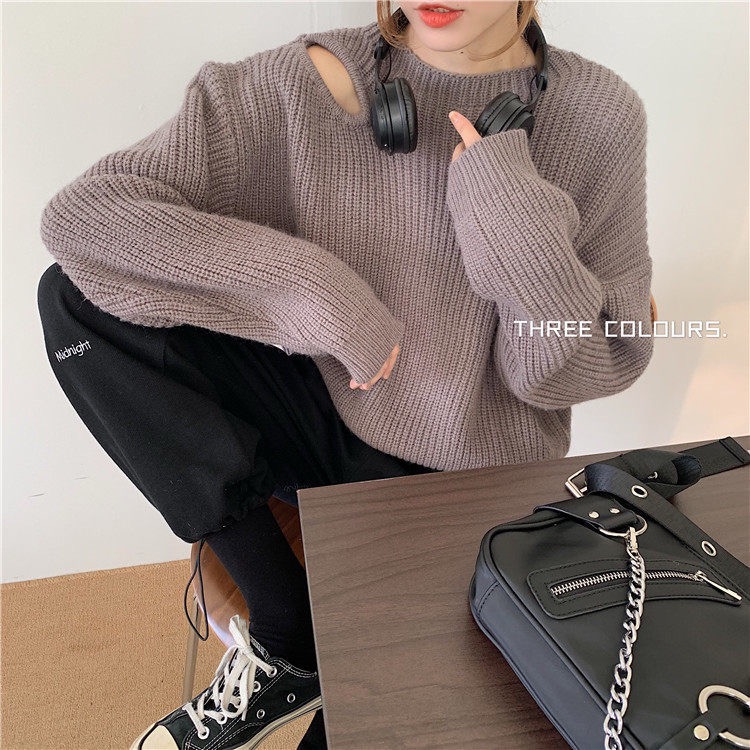 Hollow long sleeve strapless sweater for women