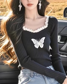 Square collar sweater bow bottoming shirt for women