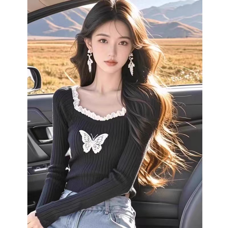 Square collar sweater bow bottoming shirt for women