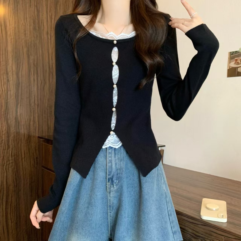 Splice Pseudo-two sweater lace slim tops