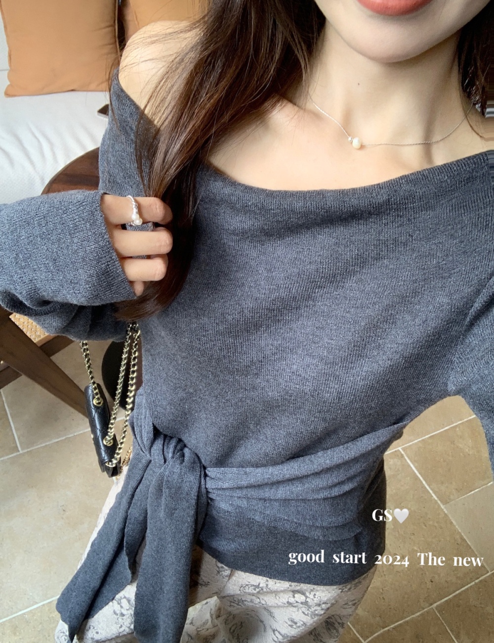 Pinched waist temperament sweater autumn tops