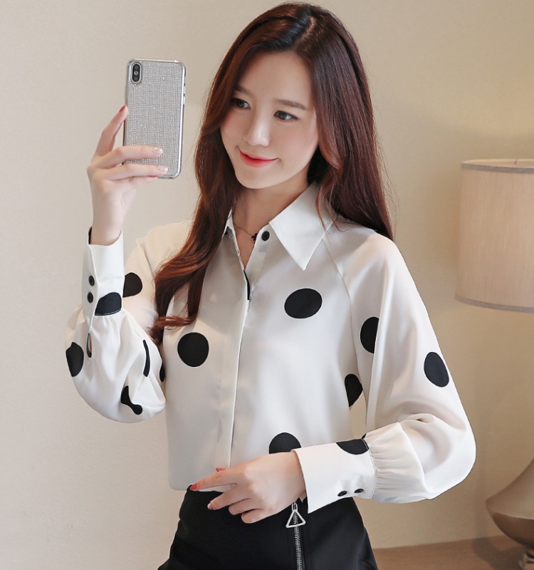 Korean style white chiffon shirt long sleeve polka dot shirt