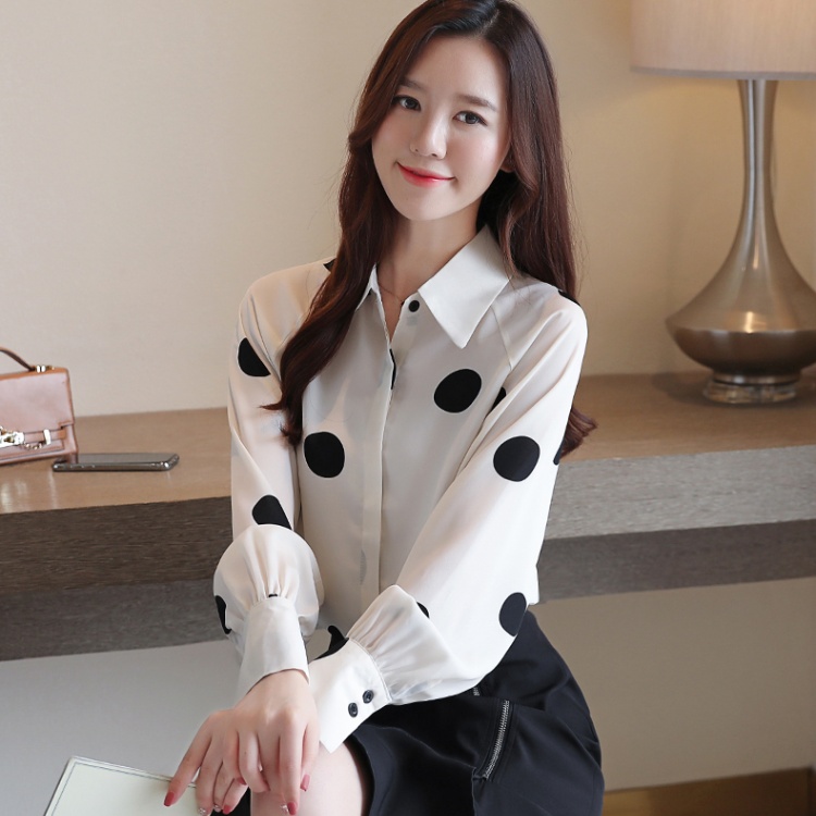 Korean style white chiffon shirt long sleeve polka dot shirt