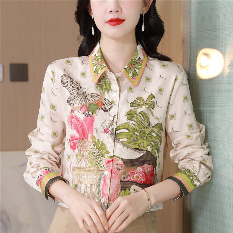 Spring colors long sleeve art printing retro real silk shirt