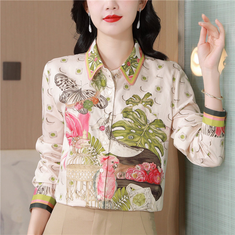 Spring colors long sleeve art printing retro real silk shirt