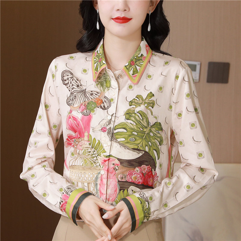 Spring colors long sleeve art printing retro real silk shirt