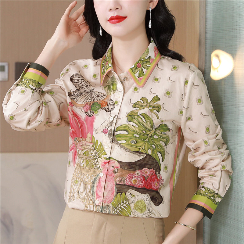 Spring colors long sleeve art printing retro real silk shirt