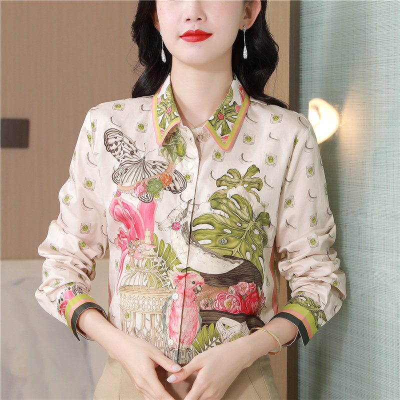 Spring colors long sleeve art printing retro real silk shirt